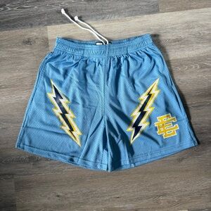 Eric Emanuel Blue Shorts with Yellow Lightning Bolts